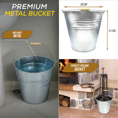 15 Litre Galvanised Steel Metal Bucket with Wooden Handle