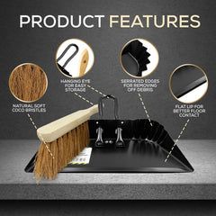 12" Metal Dustpan and Brush Set | Heavy Duty Soft Bristle Sweeper