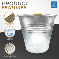 15 Litre Galvanised Steel Metal Bucket with Wooden Handle