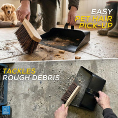 Metal Hooded Dustpan and Brush Set – Heavy Duty Stiff Hand Brush