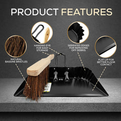 12" Metal Dustpan and Brush Set | Stiff Bassine Heavy Duty Sweeper