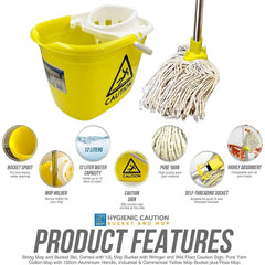 Yellow & White Caution Mop Bucket and Mop Set | 12L