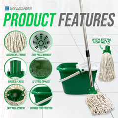 Green Mop Bucket Set with 2 Cotton Mop Heads & Handle