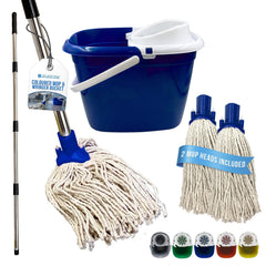 Blue Mop Bucket Set with 2 Cotton Mop Heads & Handle