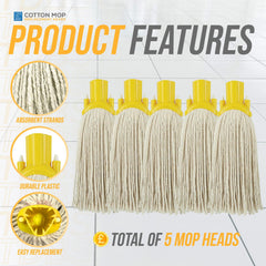 Yellow Colour Coded Cotton Mop Heads 12PY Pack of 5