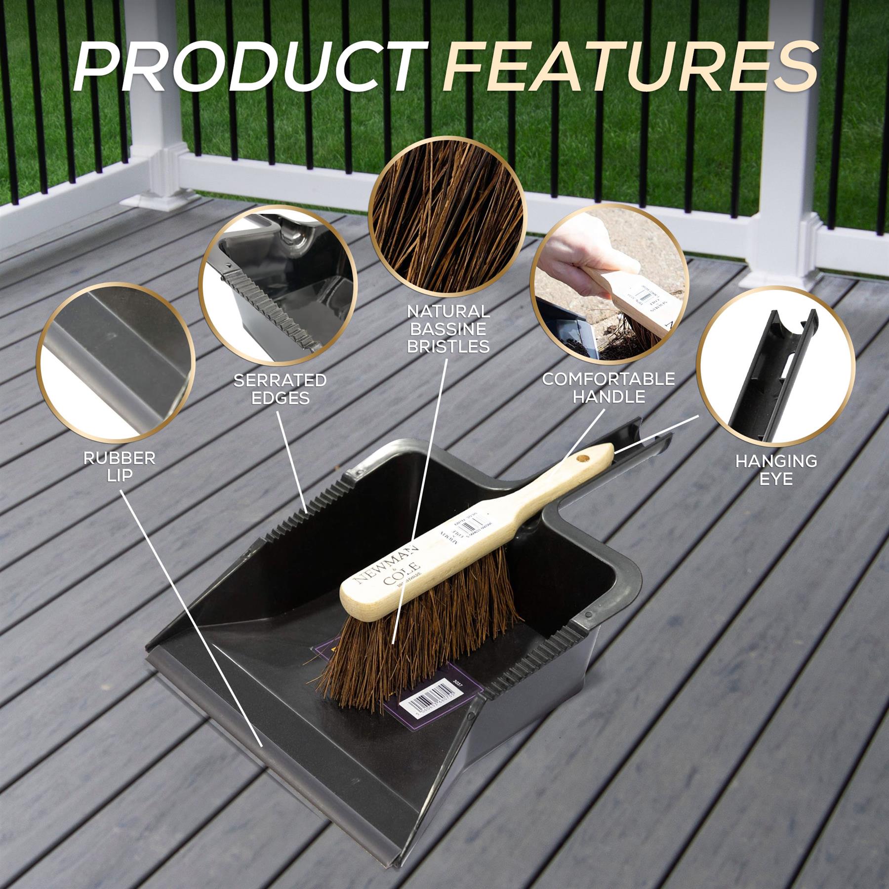 Newman and Cole Large Outdoor Garden Dustpan and Stiff Hand Brush Set