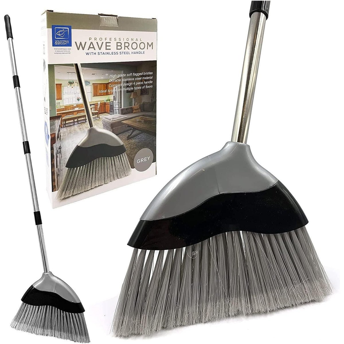 Wave Indoor Broom with 4 Piece Handle