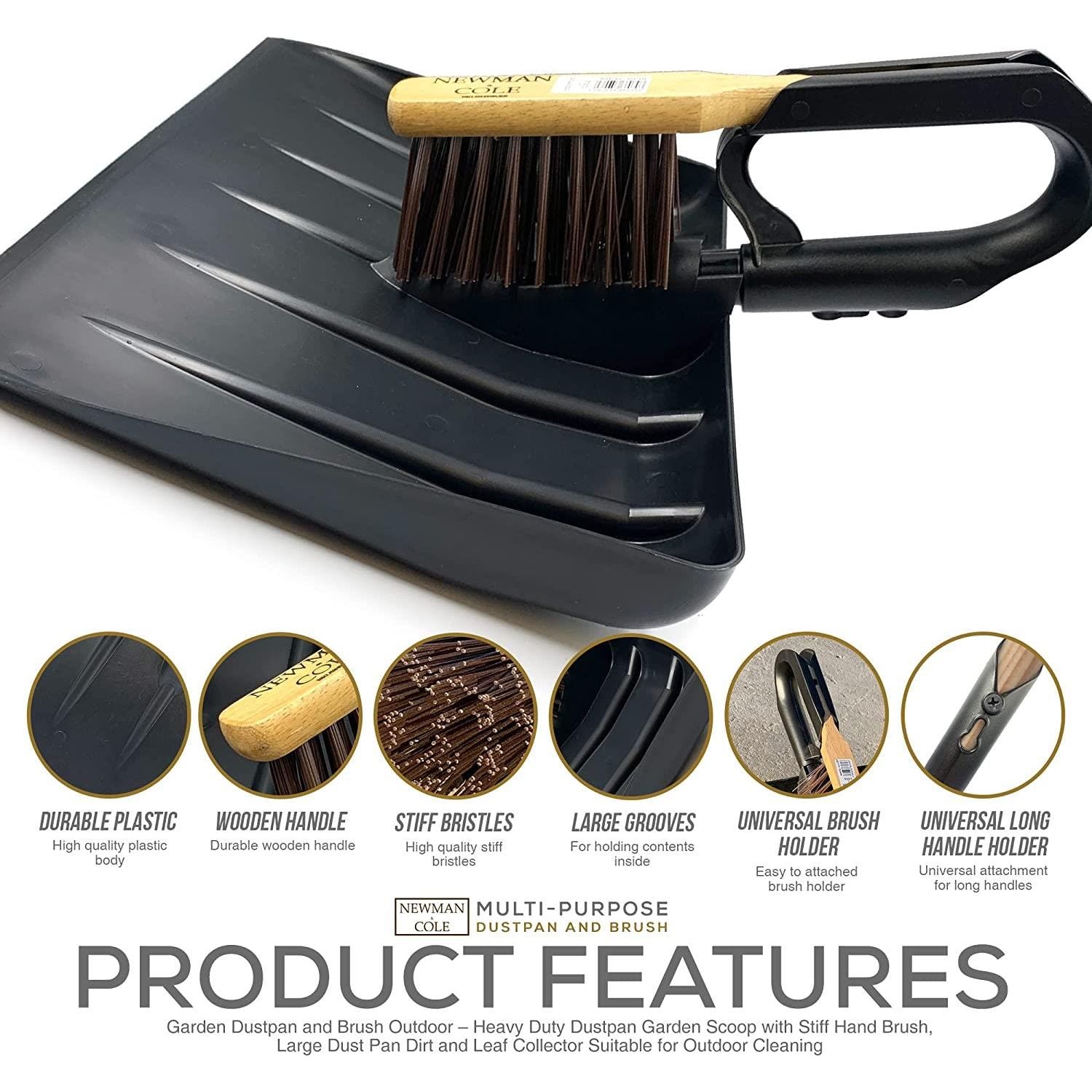 Newman and Cole Large Garden Dustpan Scoop Shovel Head with Stiff Outdoor Brush