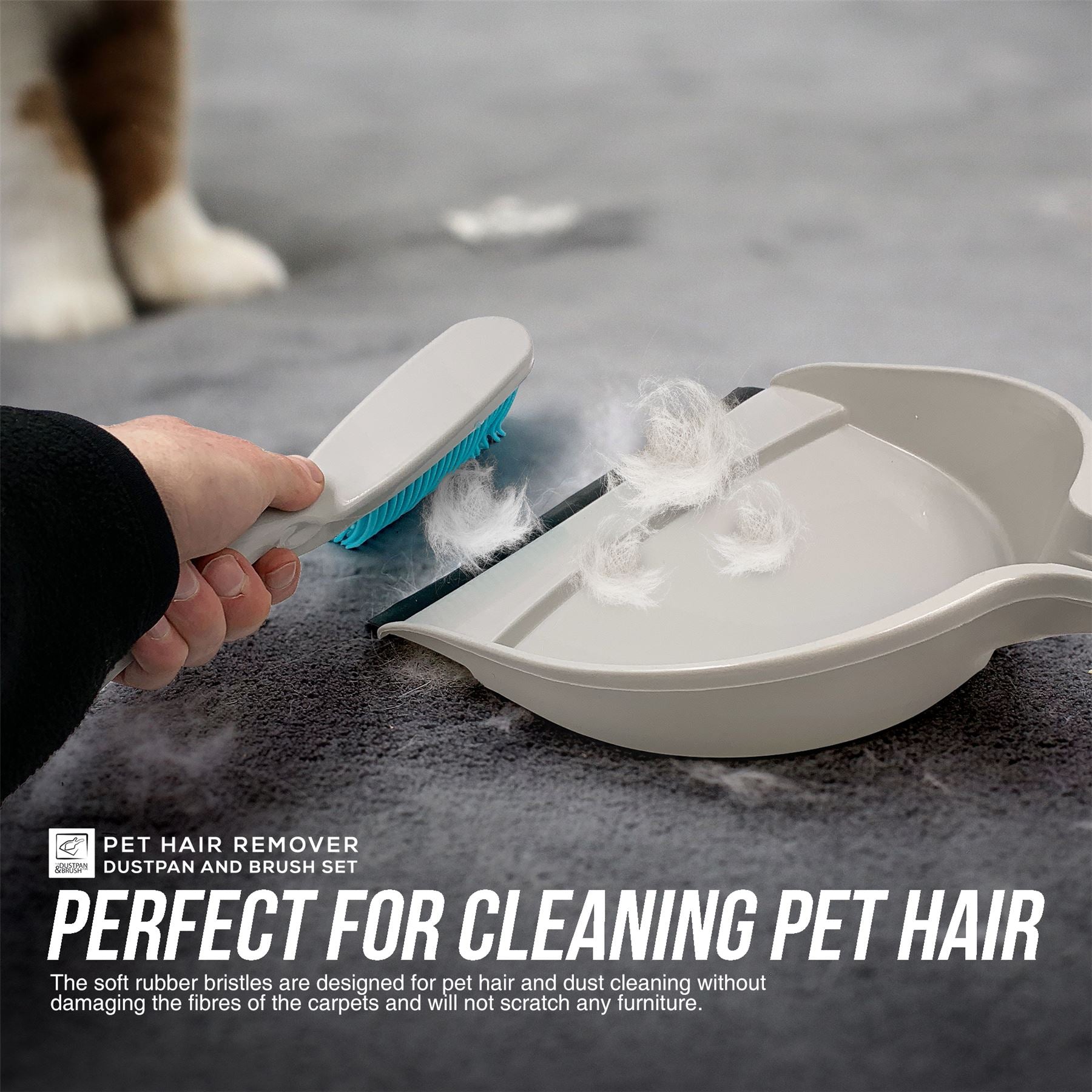 Rubber Dustpan and Brush Set for Pet Hair, Carpets & Floors