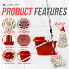 Red Mop Bucket Set with 2 Cotton Mop Heads & Handle