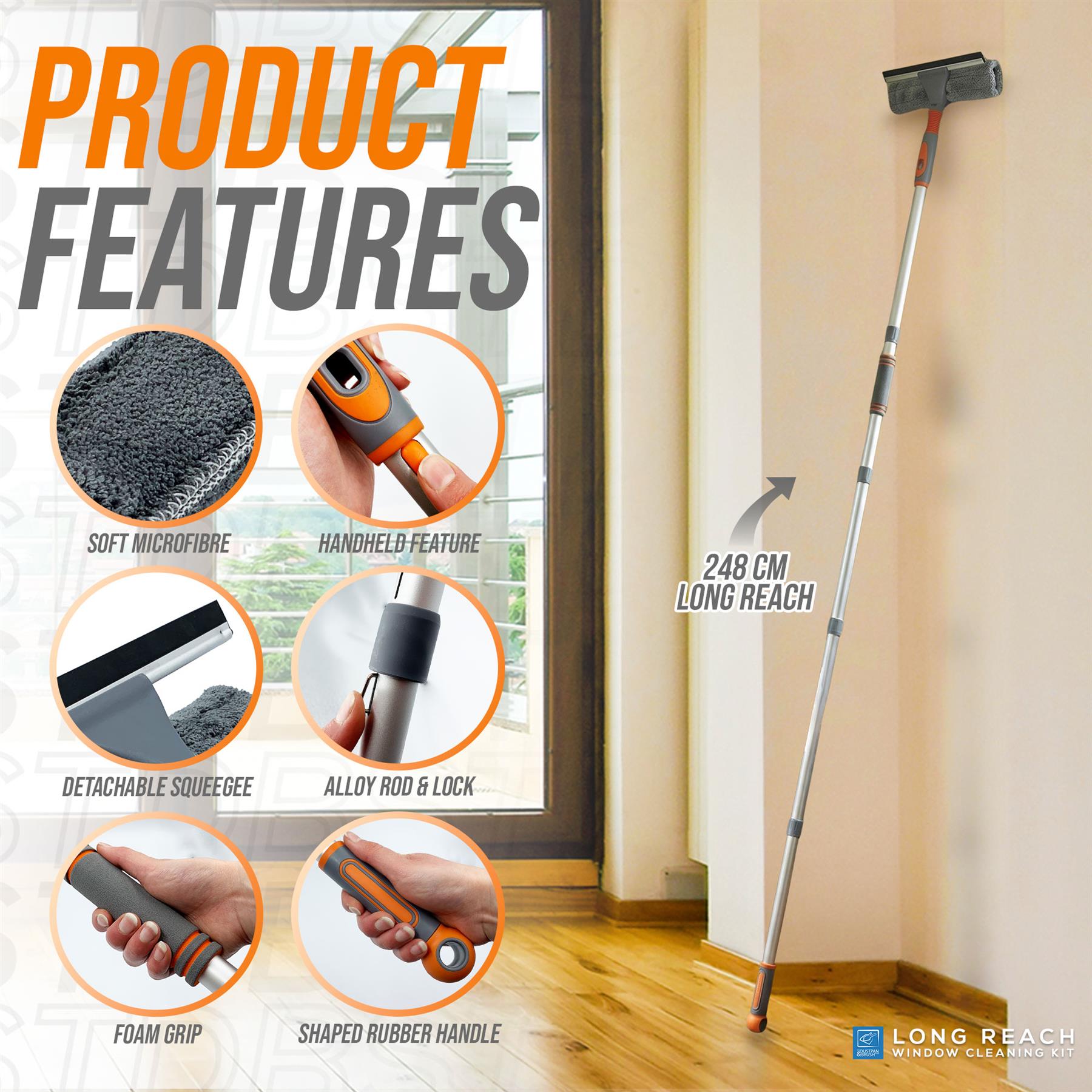 Long Reach Window Cleaning Kit with Squeegee 158cm