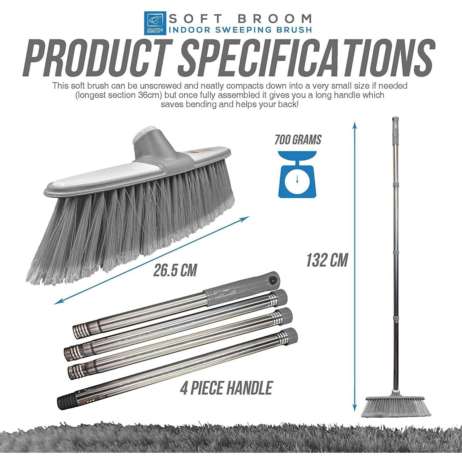 Grey & White Indoor Broom with 4 Piece Handle