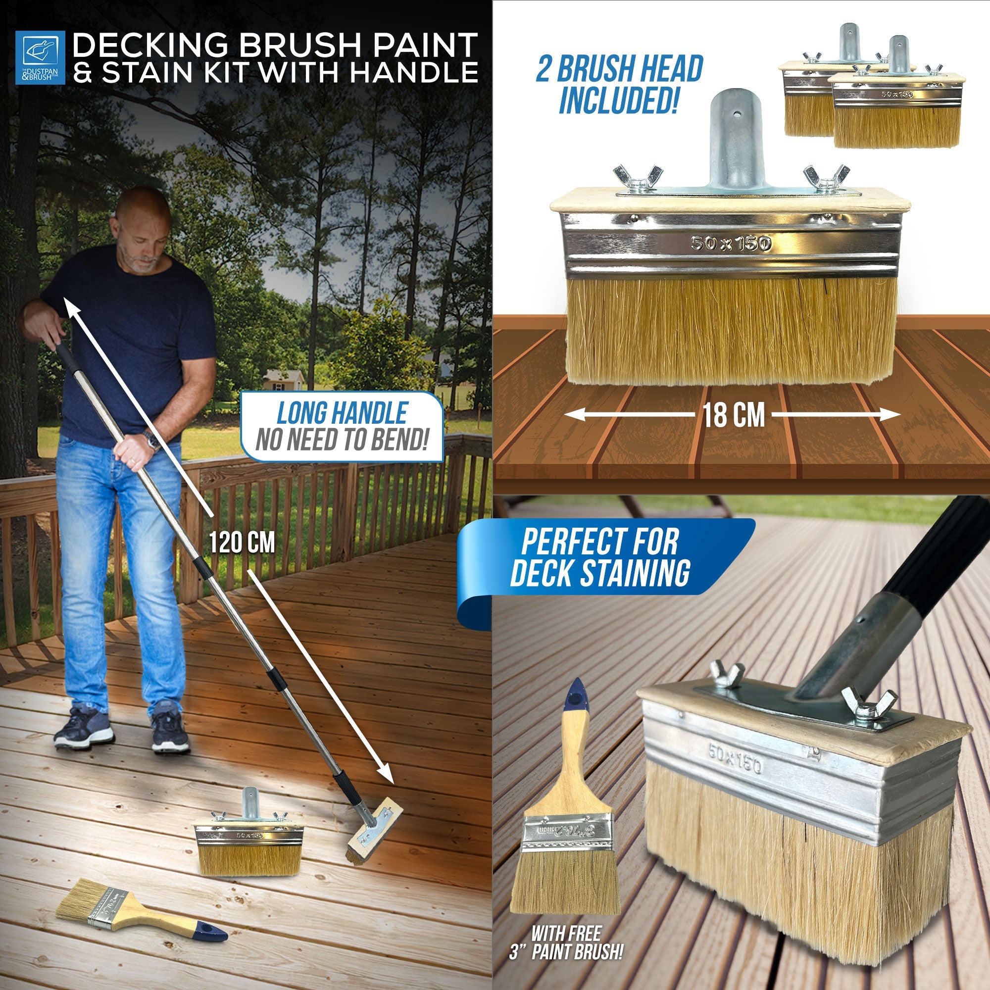 Decking Brush Paint & Stain Kit with Metal Handle | Long Handle Decking Applicator