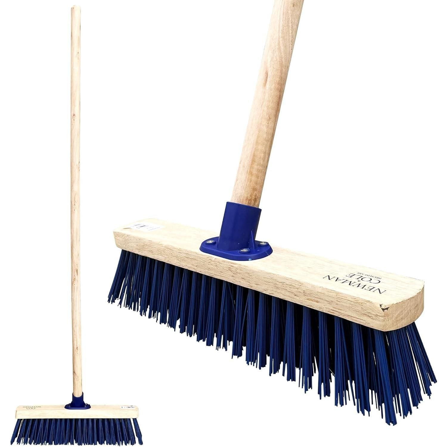 12" Newman and Cole Stiff Blue PVC Broom Head with Bracket and Wooden Handle