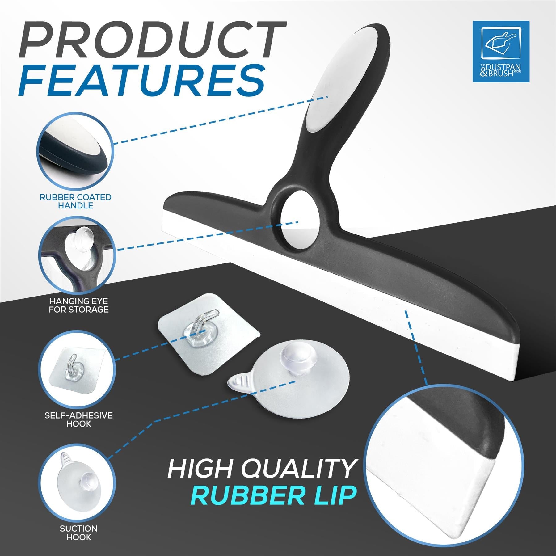 Deluxe Grey Shower Squeegee for Shower Screens with Wall Hooks