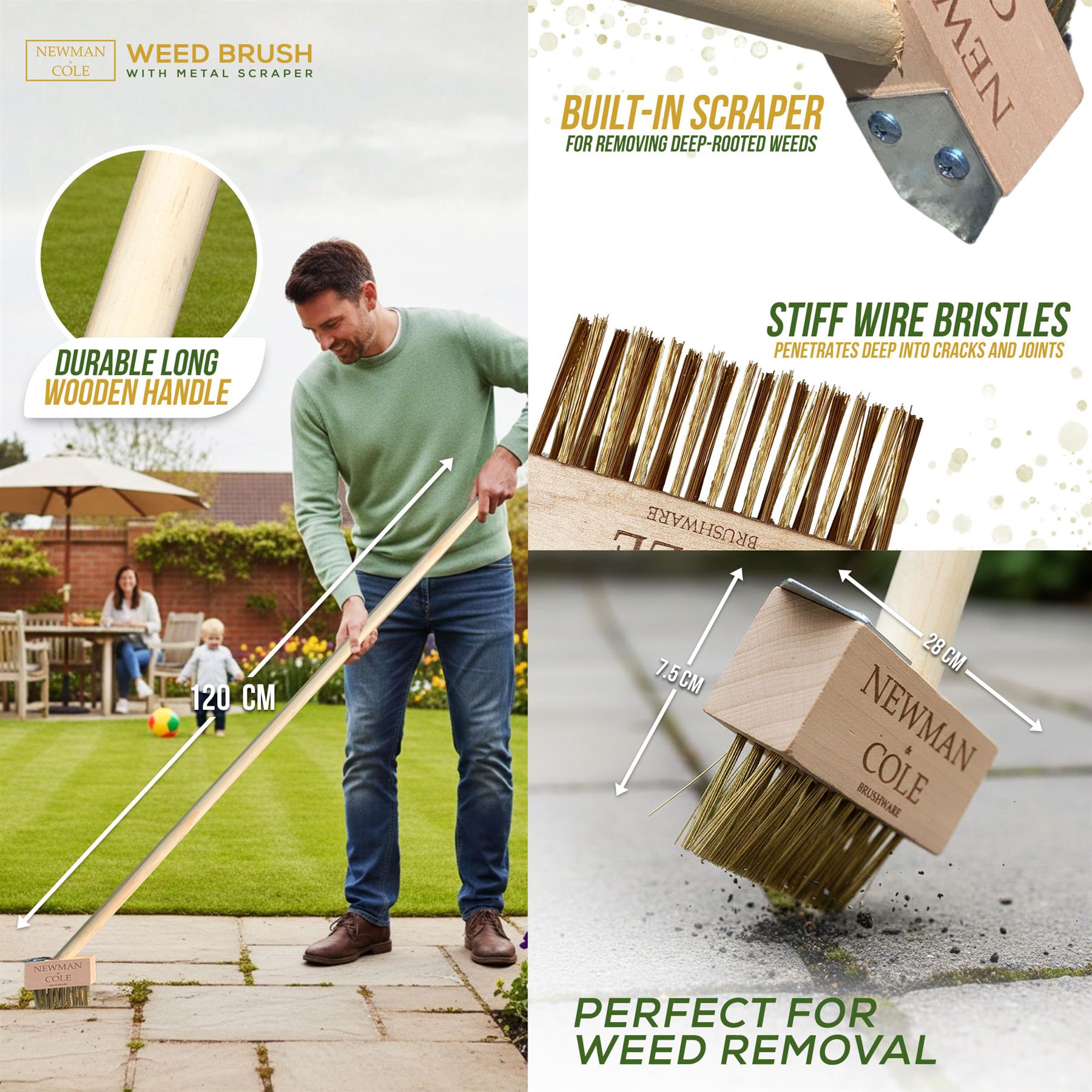 Newman and Cole Weed Brush with Scraper – Long Handle Patio Brush