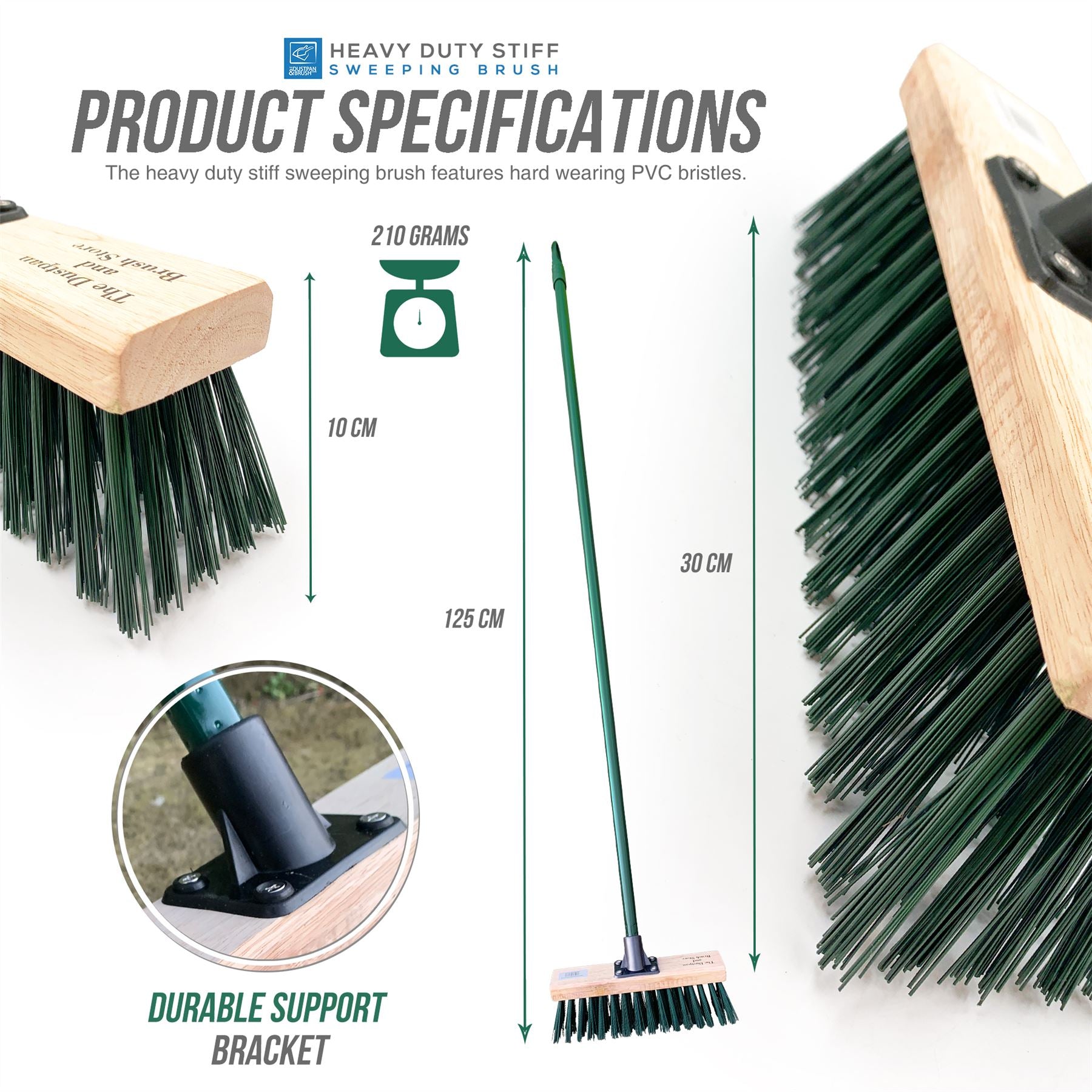 11" Green Stiff PVC Bristle Broom and Screw Fit Metal Handle