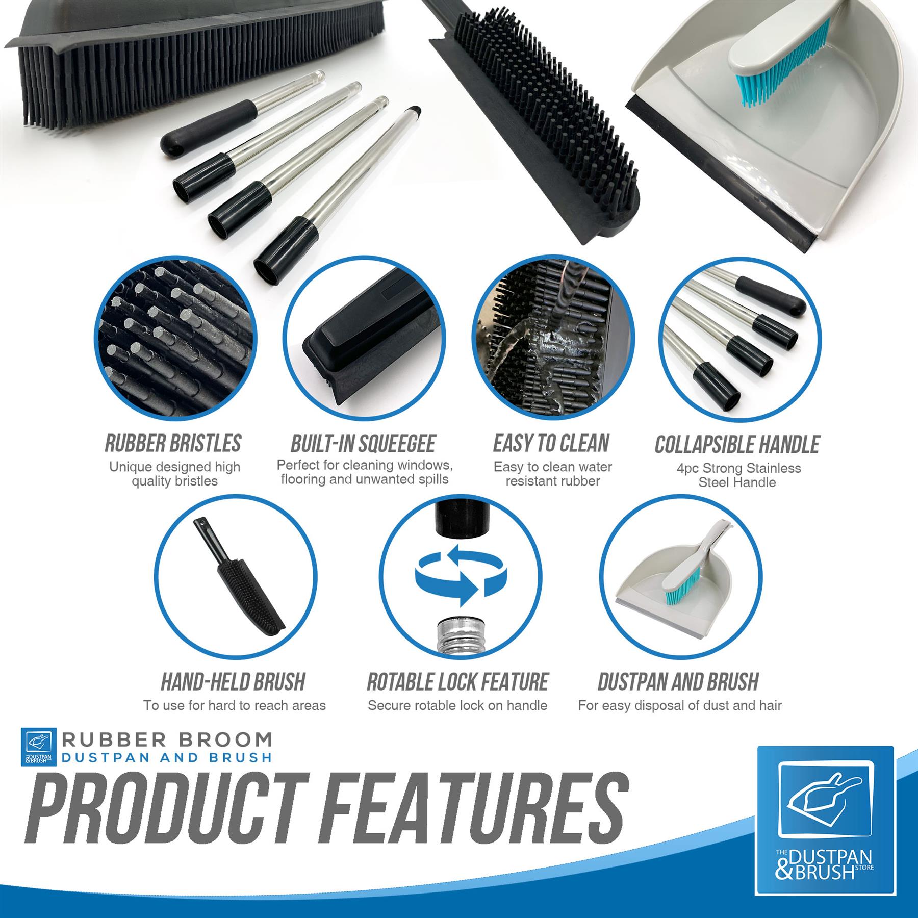 Rubber Broom, Hand Brush & Dustpan Set for Pet Hair