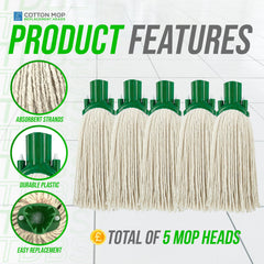 Green Cotton Mop Heads 12PY Pack of 5 | Colour Coded Cleaning