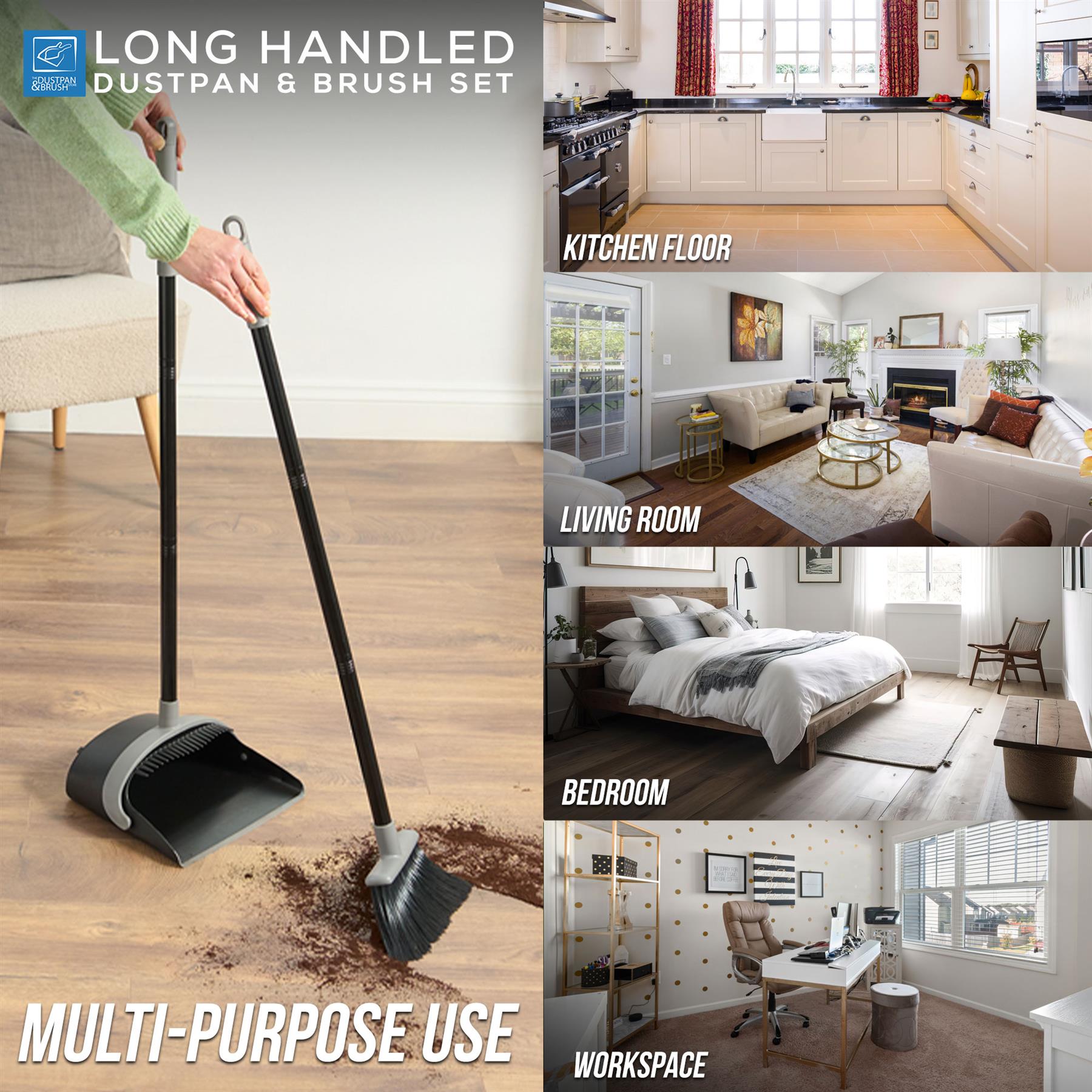 Long Handled Dustpan and Brush Set | No Bend Floor Sweeper