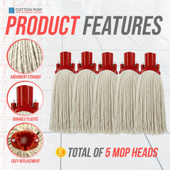 Red Cotton Mop Heads 12PY Pack of 5 | Colour Coded Cleaning