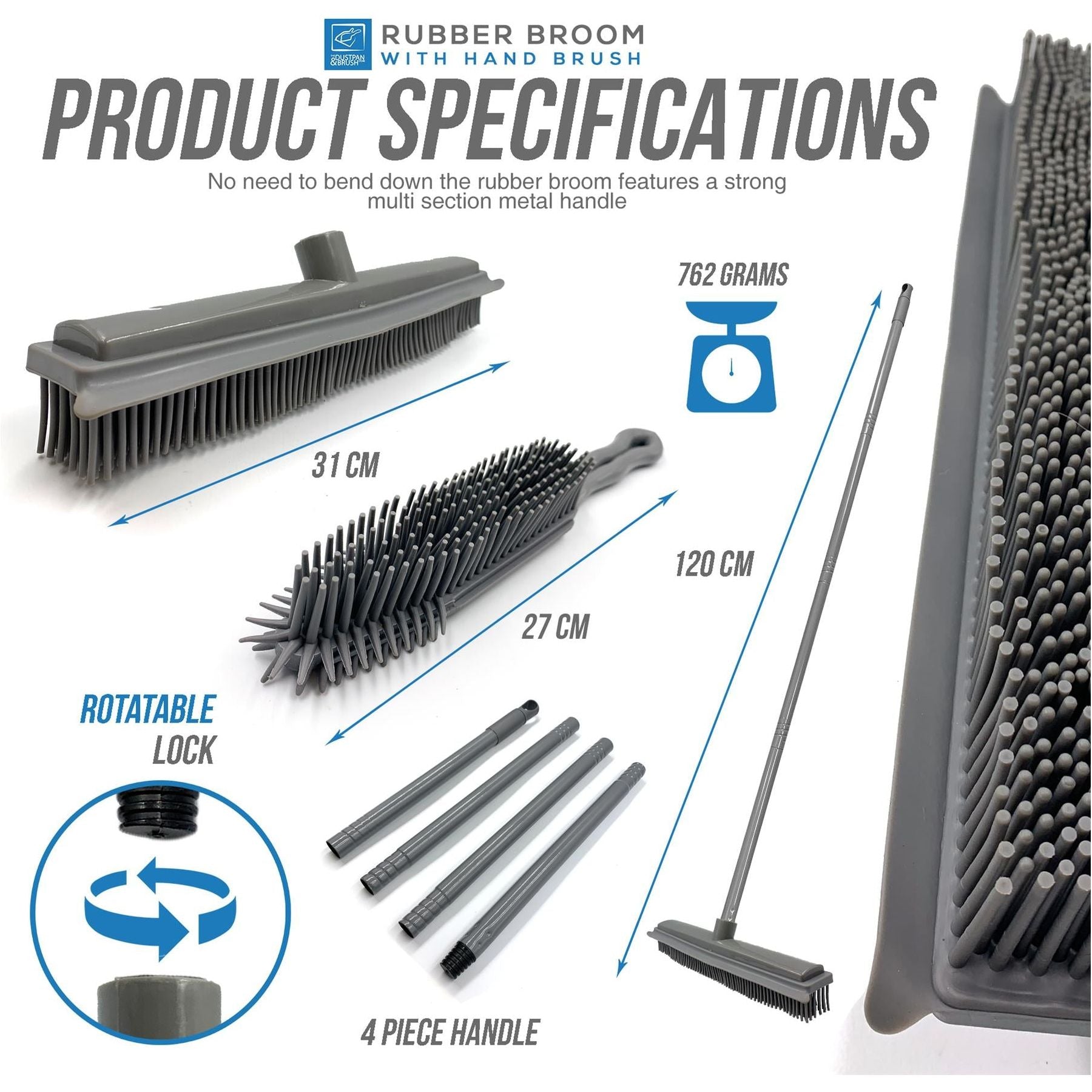 Grey Rubber Broom and Hand Brush Set for Pet Hair