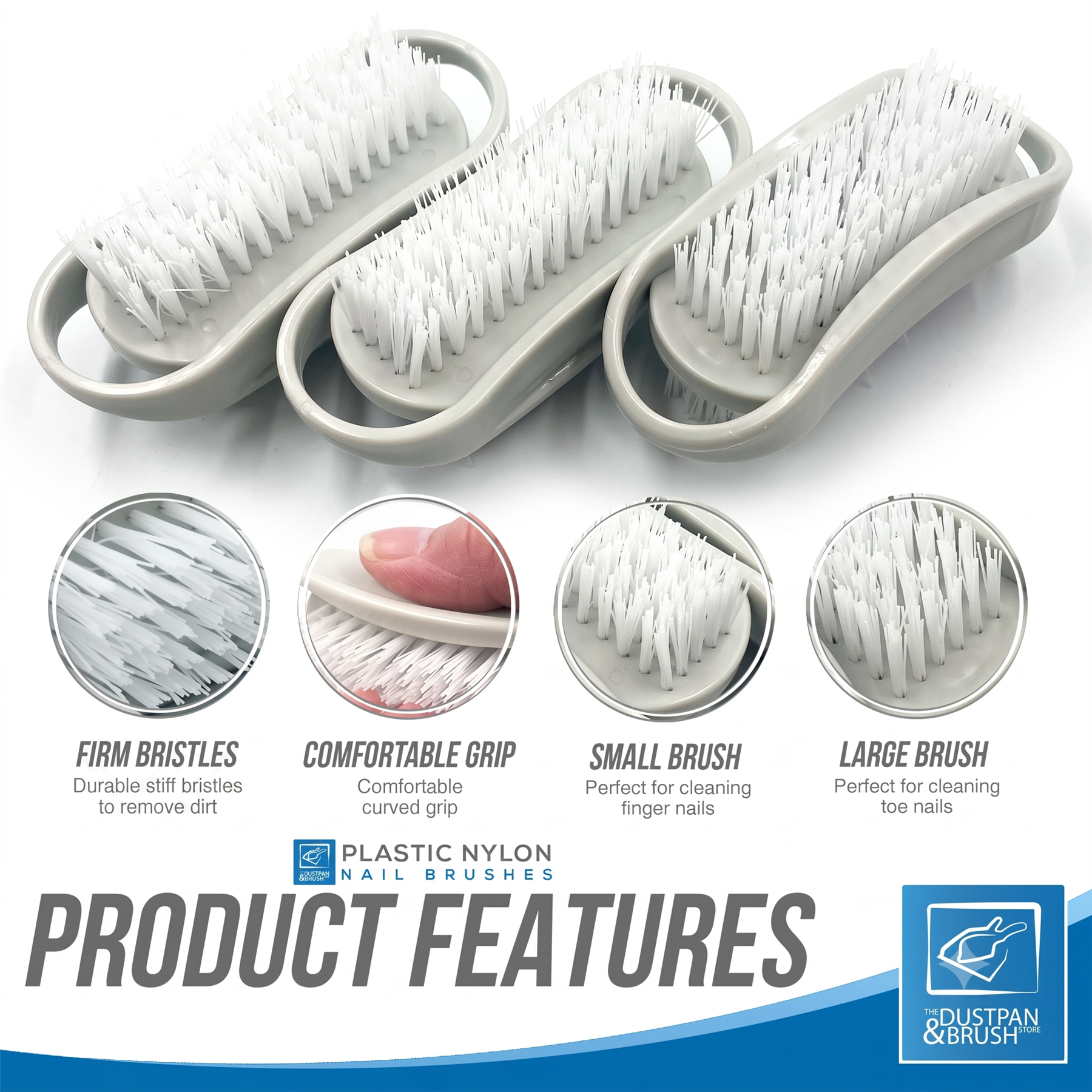 Silver Nail Brushes Pack of 3 | Plastic Hand Cleaning Brushes