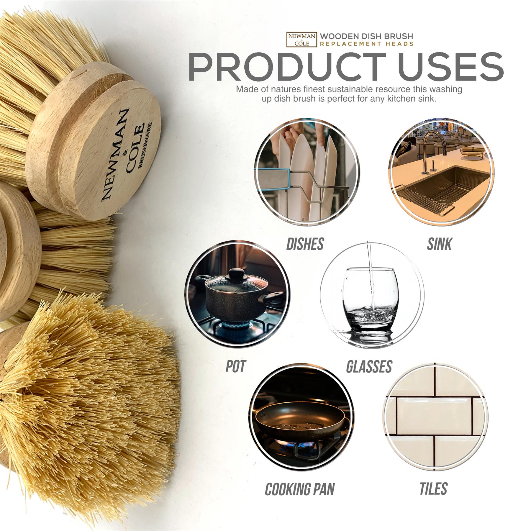 Newman and Cole Wooden Dish Brush - Pack of 3