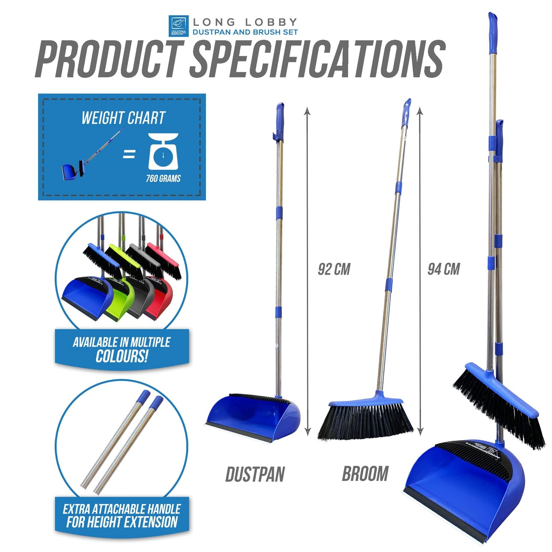 Long Handled Dustpan and Brush Set with Multi-Section Handle
