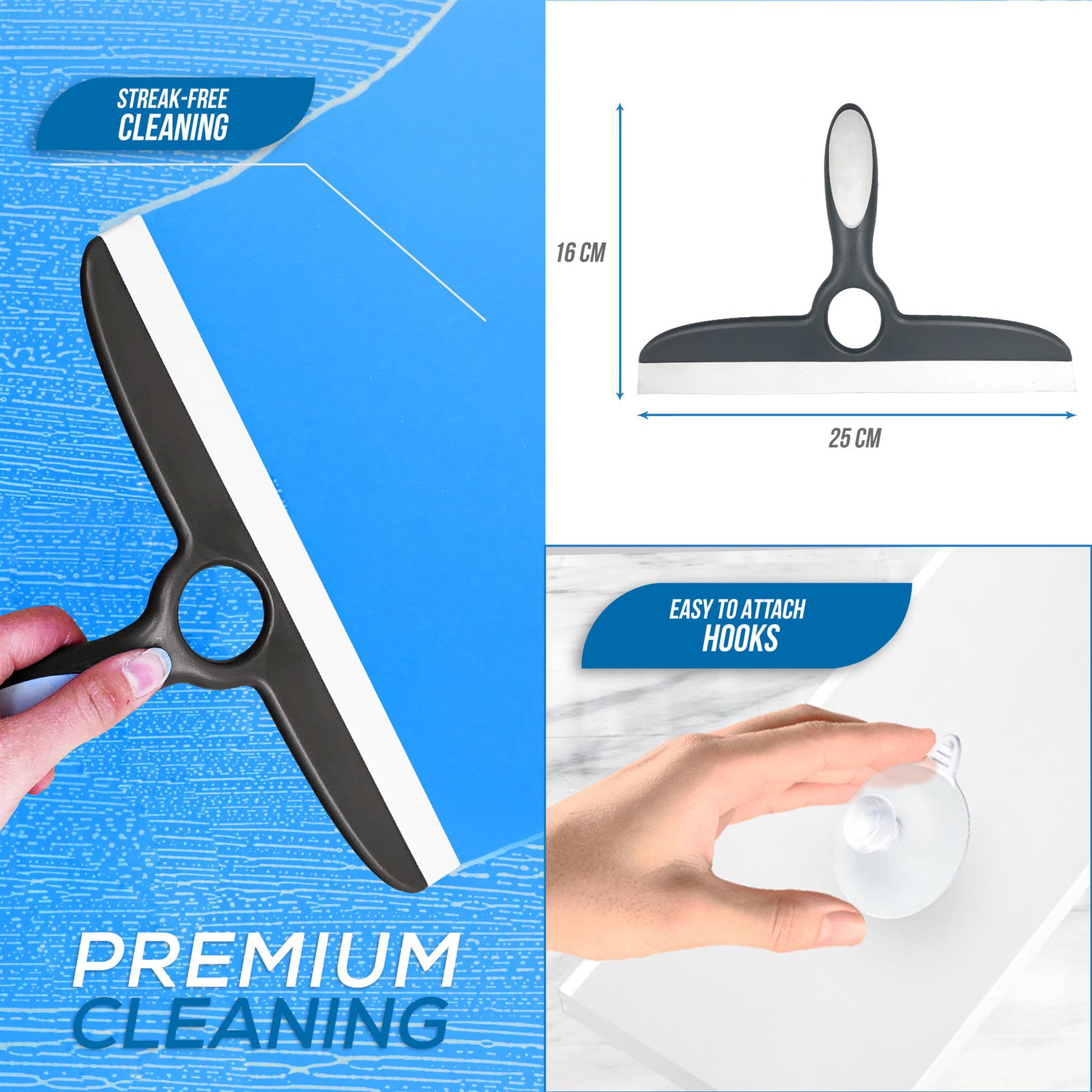 Deluxe Grey Shower Squeegee for Shower Screens with Wall Hooks