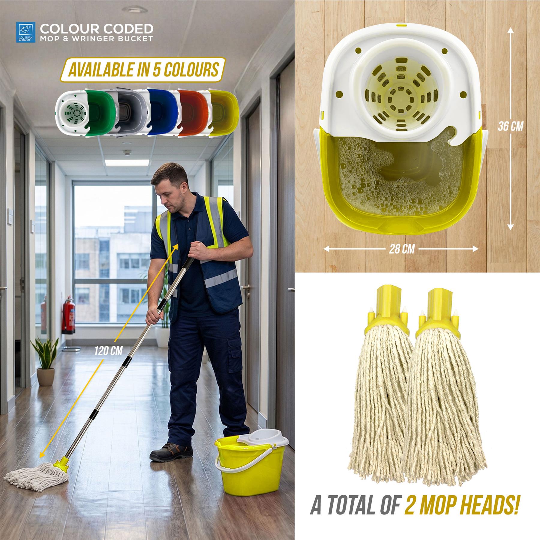 Yellow Mop Bucket Set with 2 Cotton Mop Heads & Handle