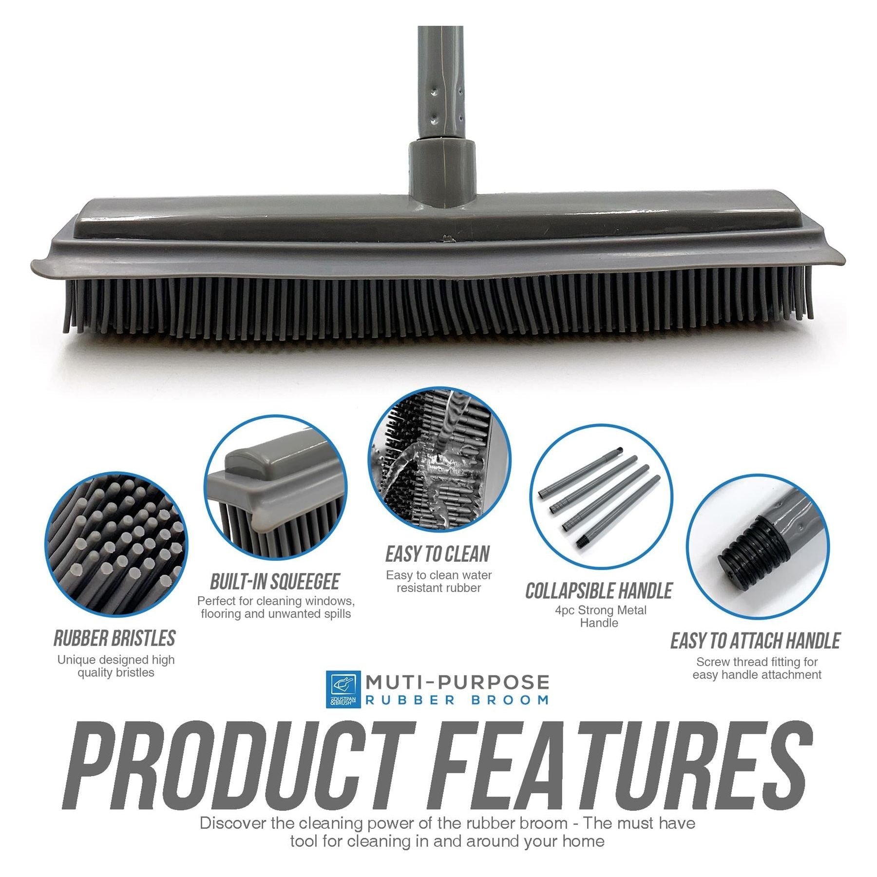Grey Rubber Broom for Pet Hair & Carpets