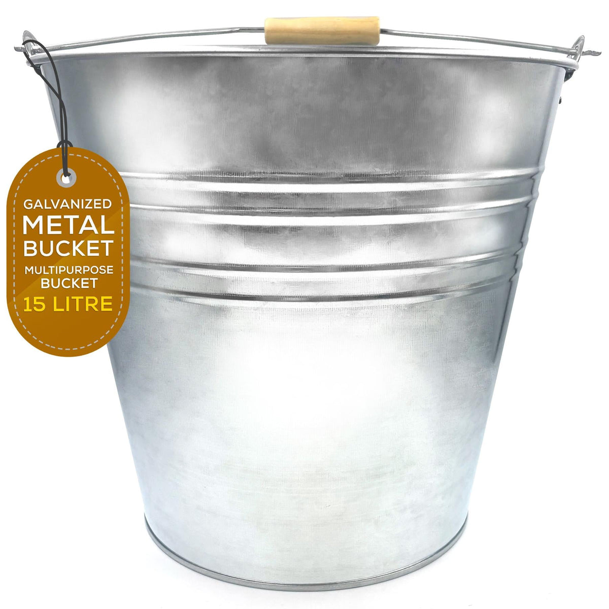 15 Litre Galvanised Steel Metal Bucket with Wooden Handle