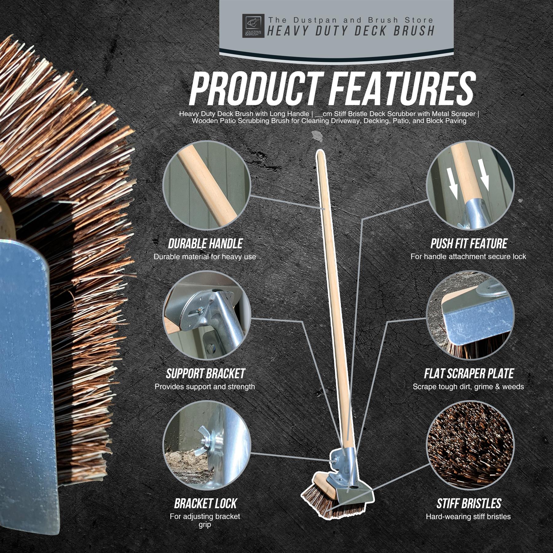 Heavy Duty Deck Scrub with Metal Scraper & Wooden Handle