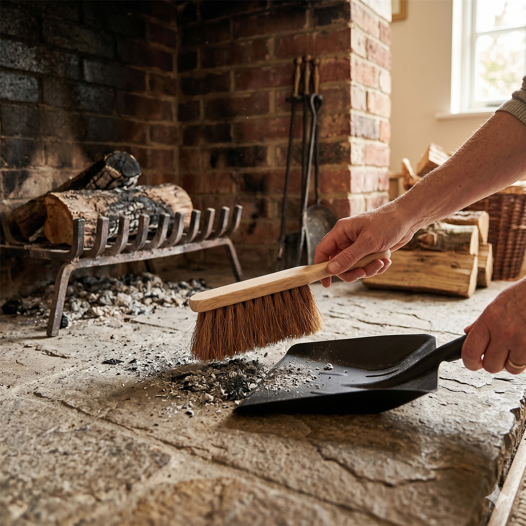 Black Metal Coal Shovel with Wooden Handle & Soft Coco Brush
