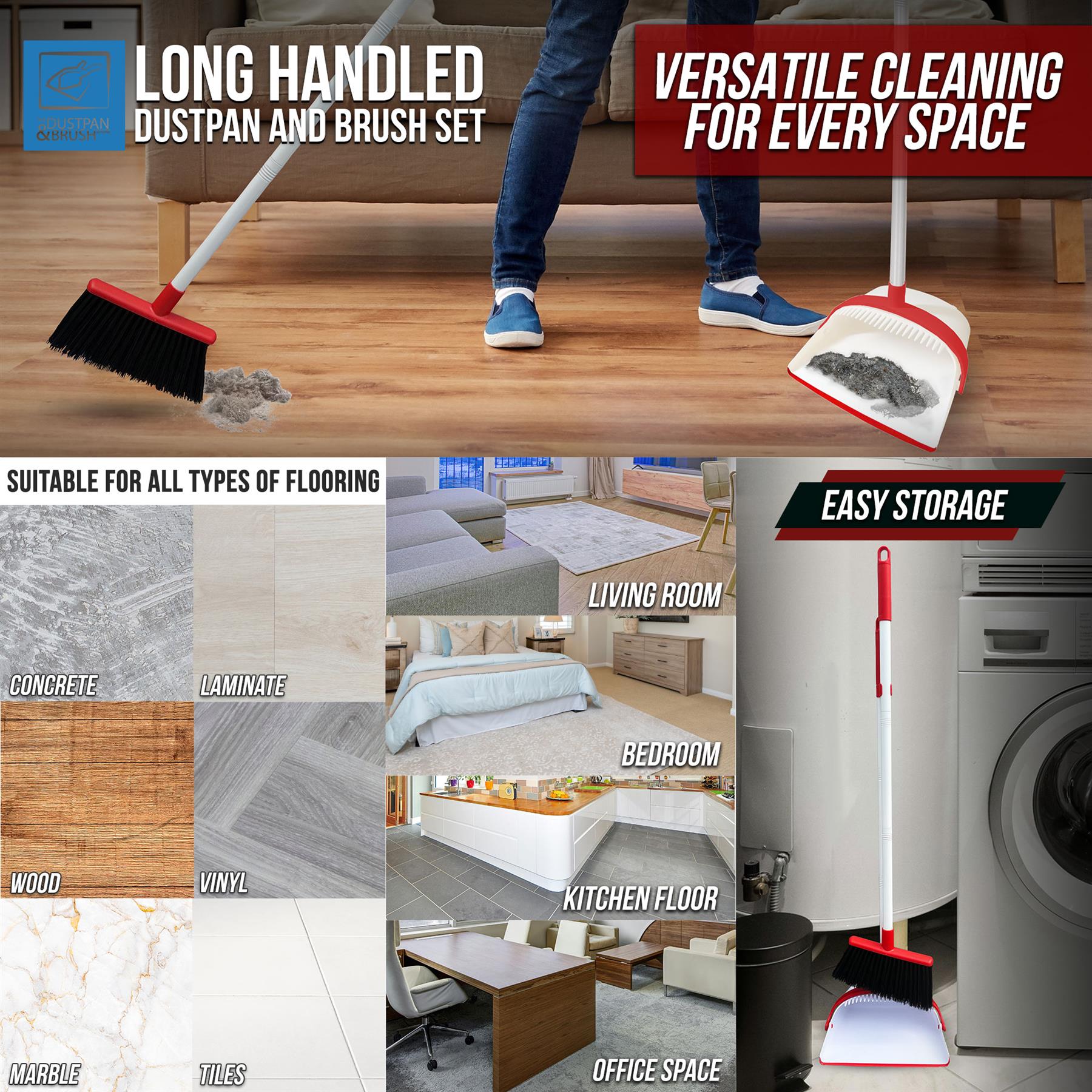 White & Red Long Handled Dustpan and Brush Set