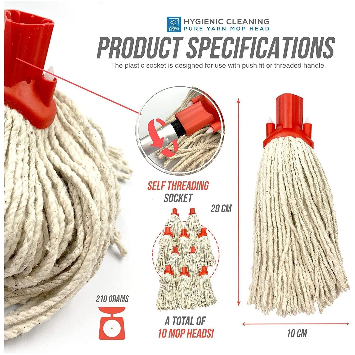 Red Colour Coded Cotton Mop Heads 12PY Pack of 10