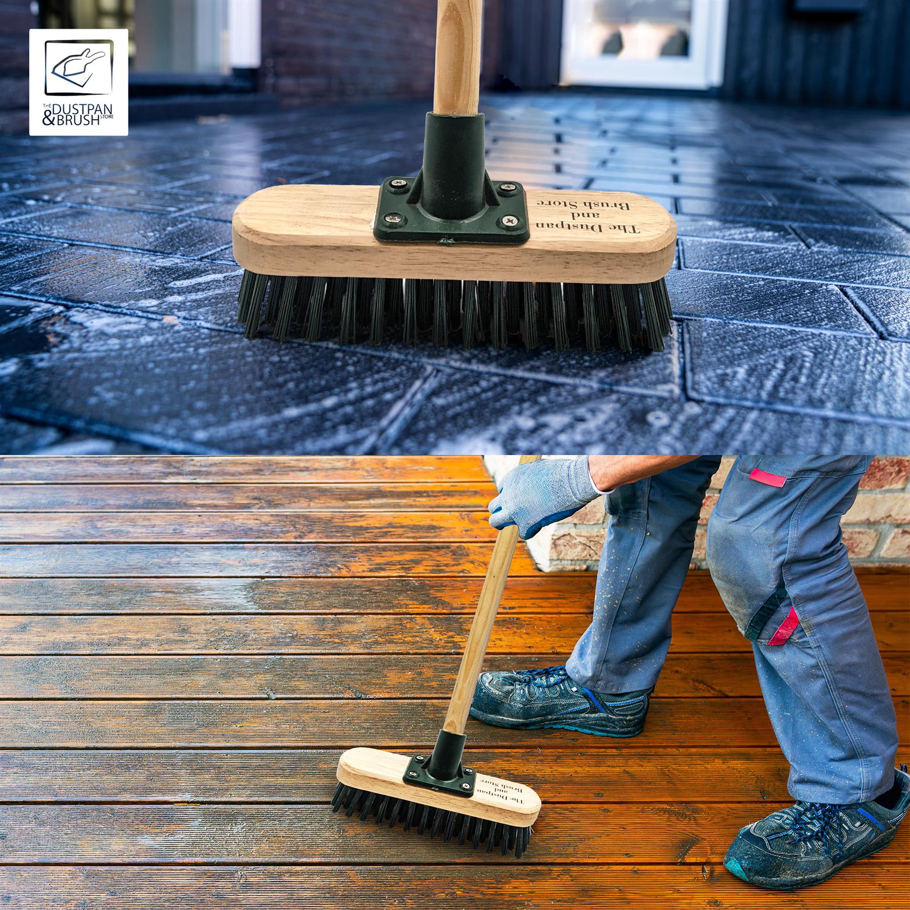 9" Stiff PVC Deck Scrub Floor Scrubbing Brush and 4ft Wooden Handle