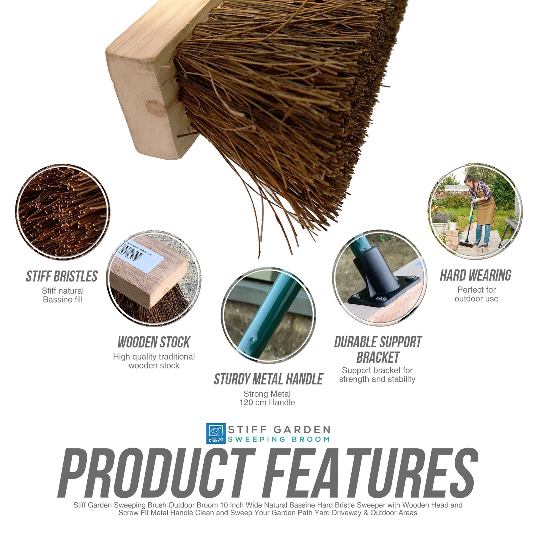 10" Stiff Bassine Broom with Metal Handle – Outdoor Yard Brush