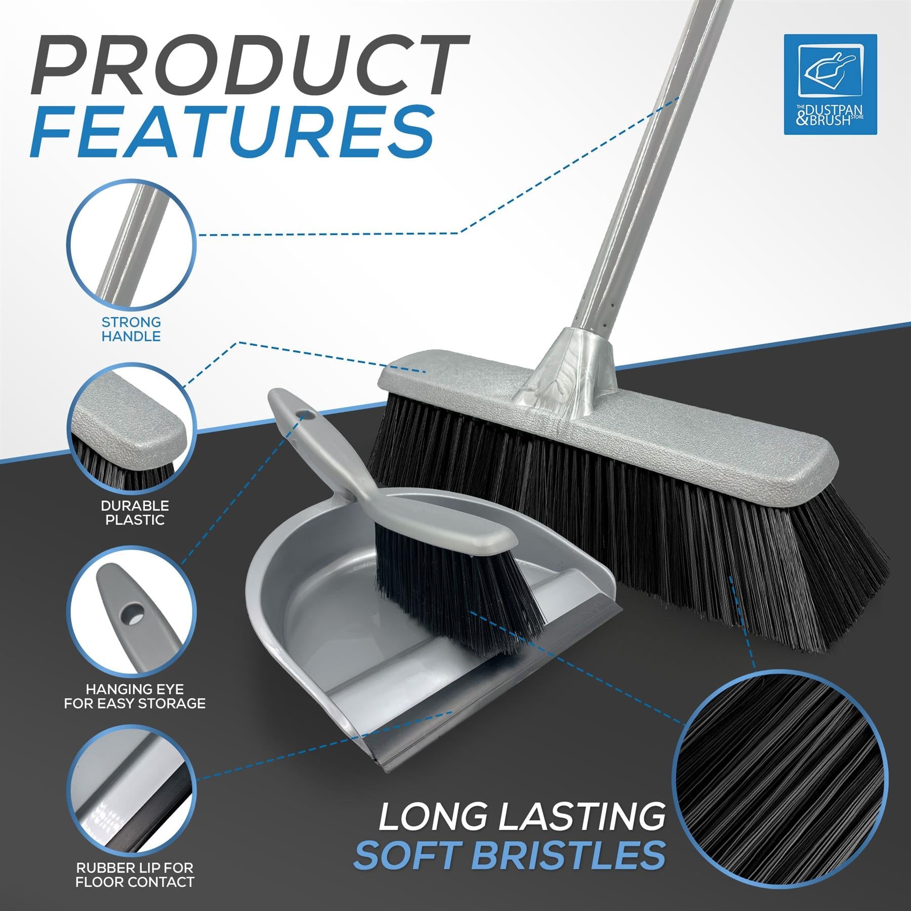 Indoor Broom and Dustpan Set with Soft Brush & Long Handle