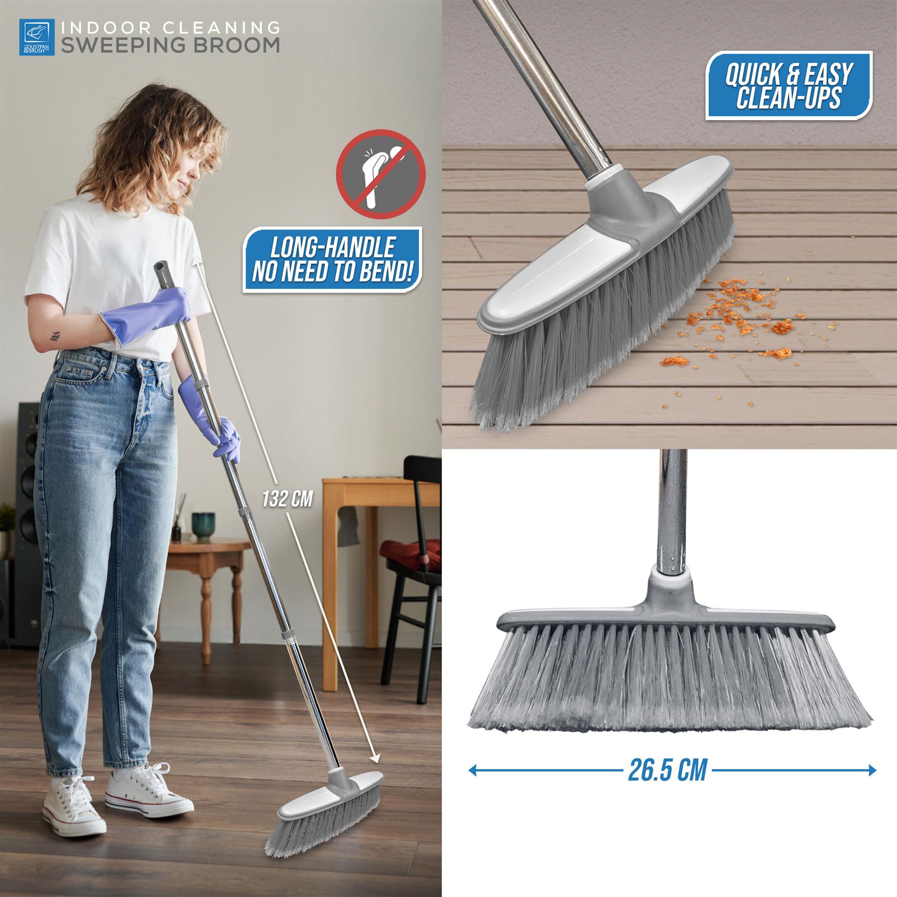 Grey & White Indoor Broom with 4 Piece Handle