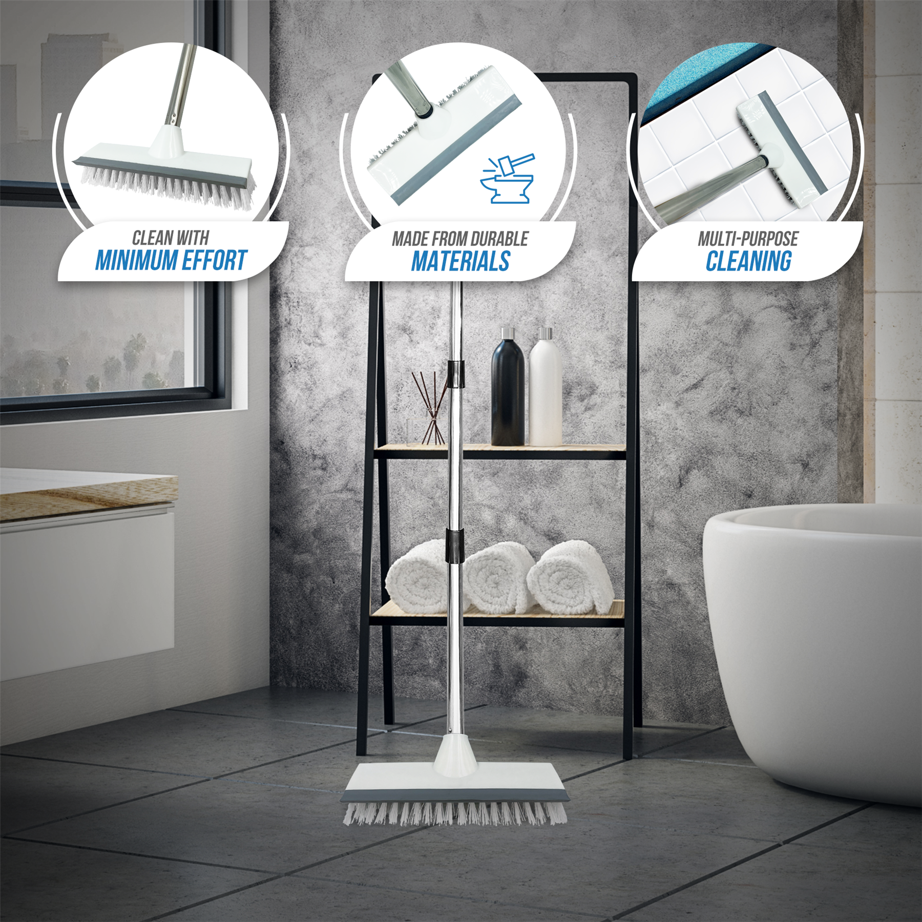 Deck Floor Scrubbing Brush with 4 Piece Handle & Squeegee
