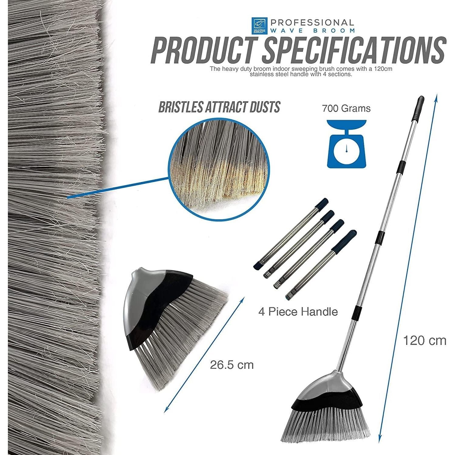 Wave Indoor Broom with 4 Piece Handle