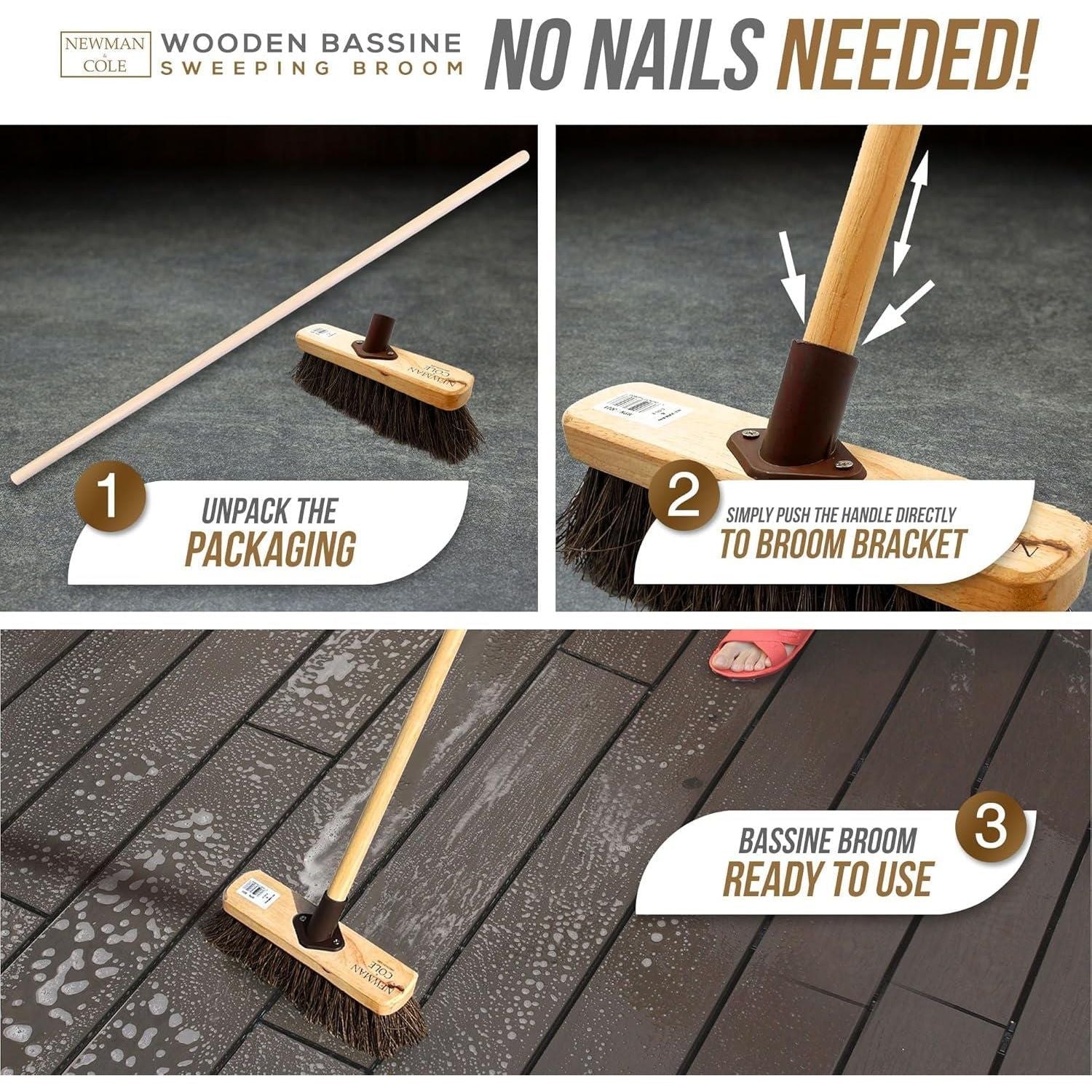 10" Stiff Bassine Brooms with Wooden Handles - Pack of 2