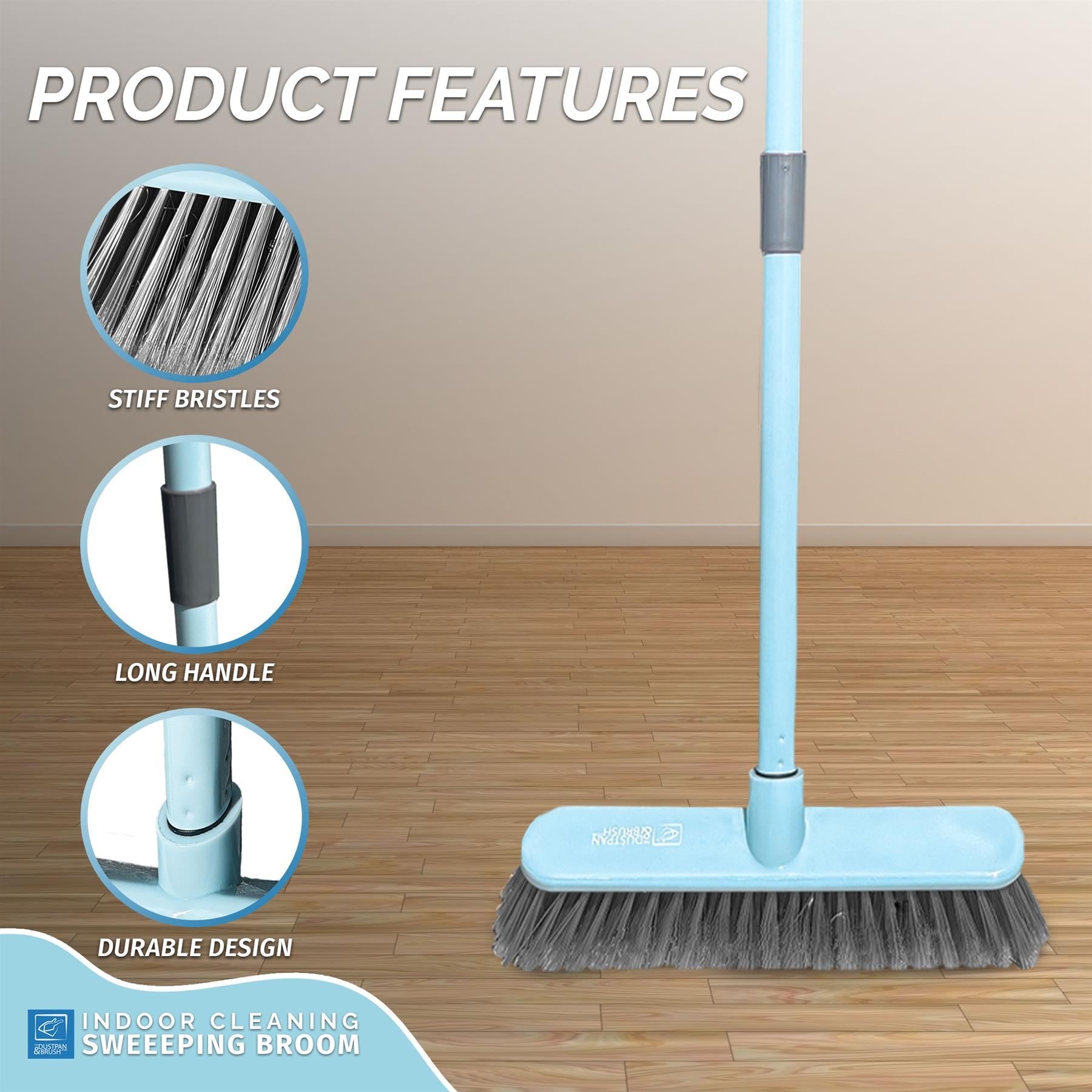 Indoor Sweeping Broom – Soft Bristle Floor Brush Duck Egg or Lilac