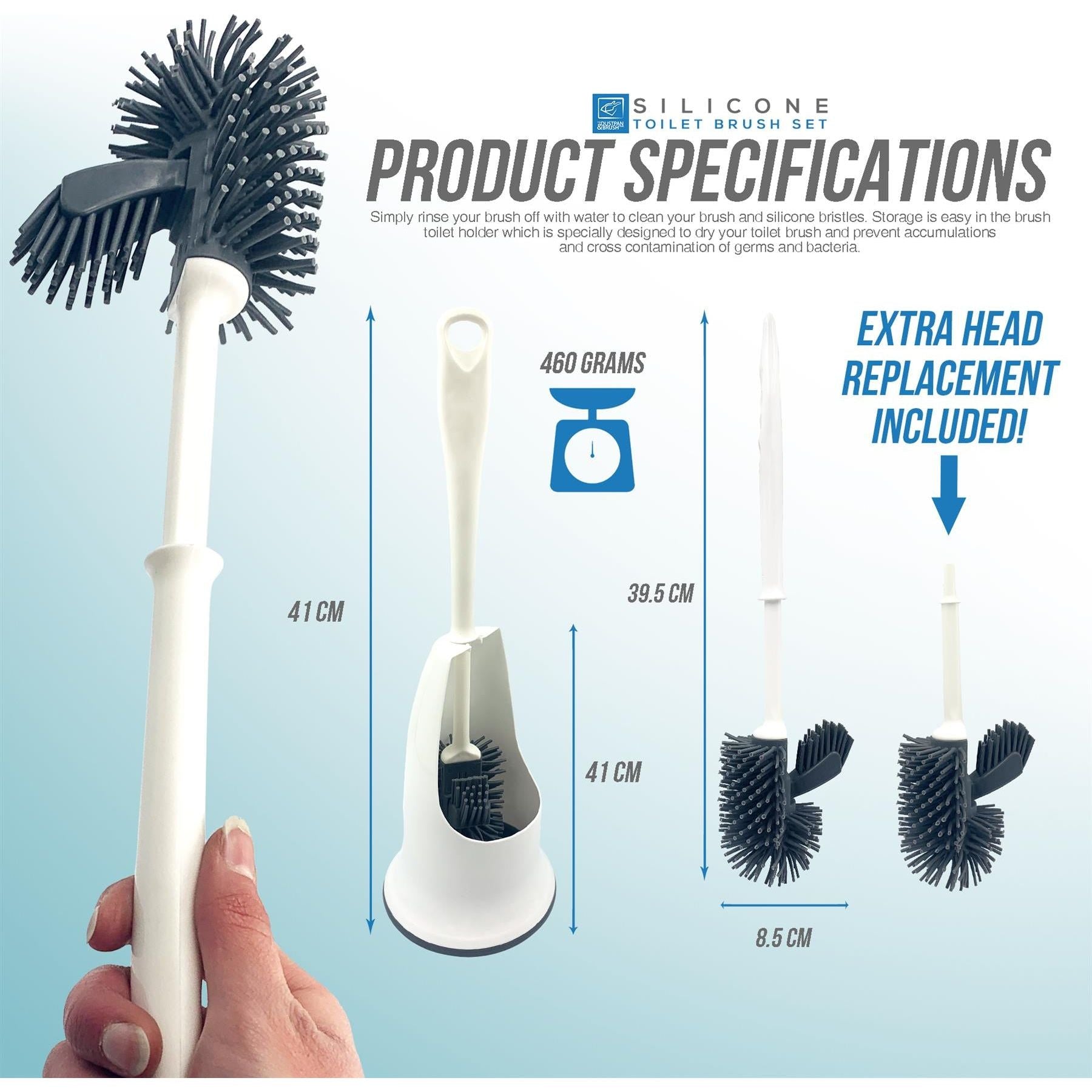 Silicone Toilet Brush Set with Spare Head & Rim Cleaner