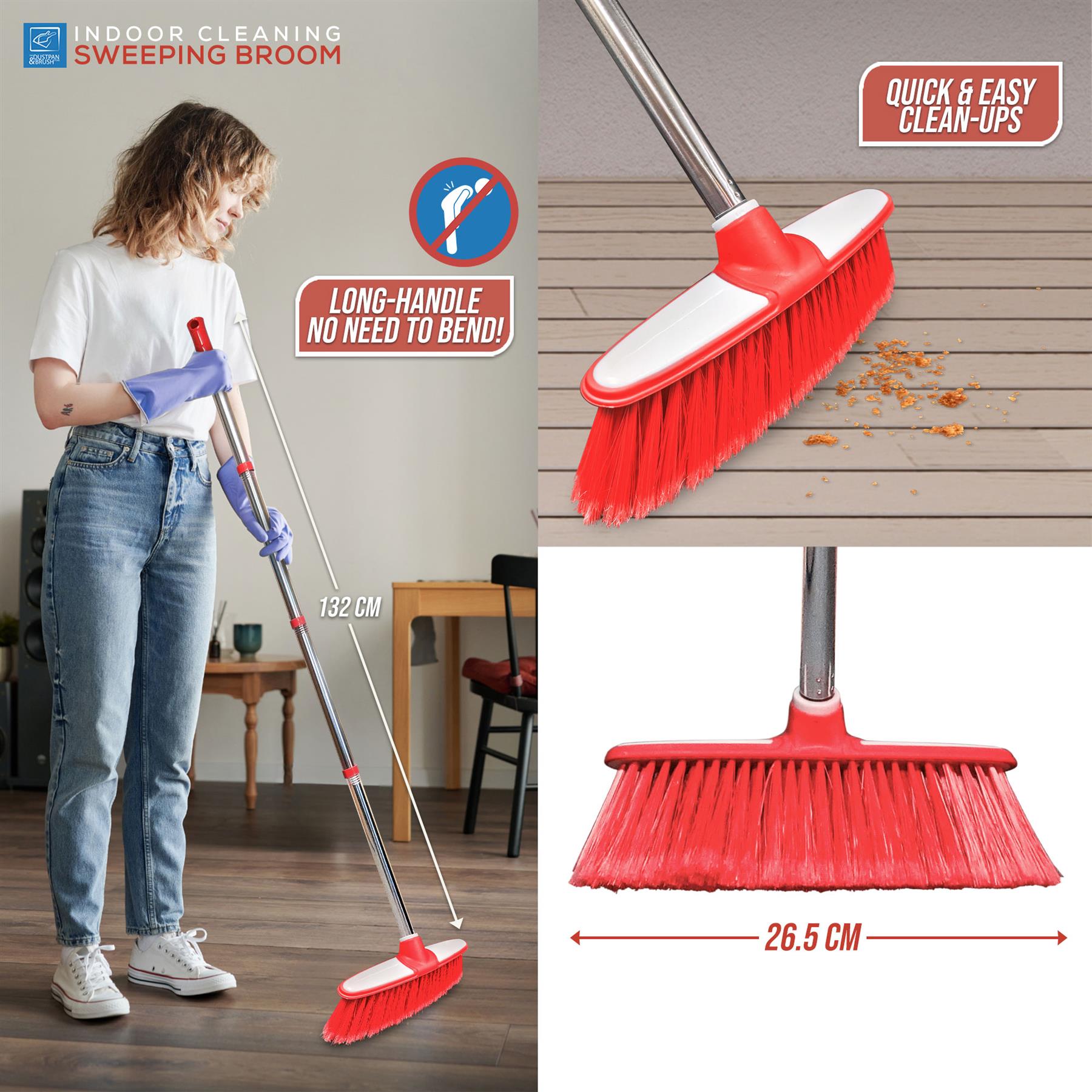 Red & White Indoor Broom with 4 Piece Stainless Steel Handle
