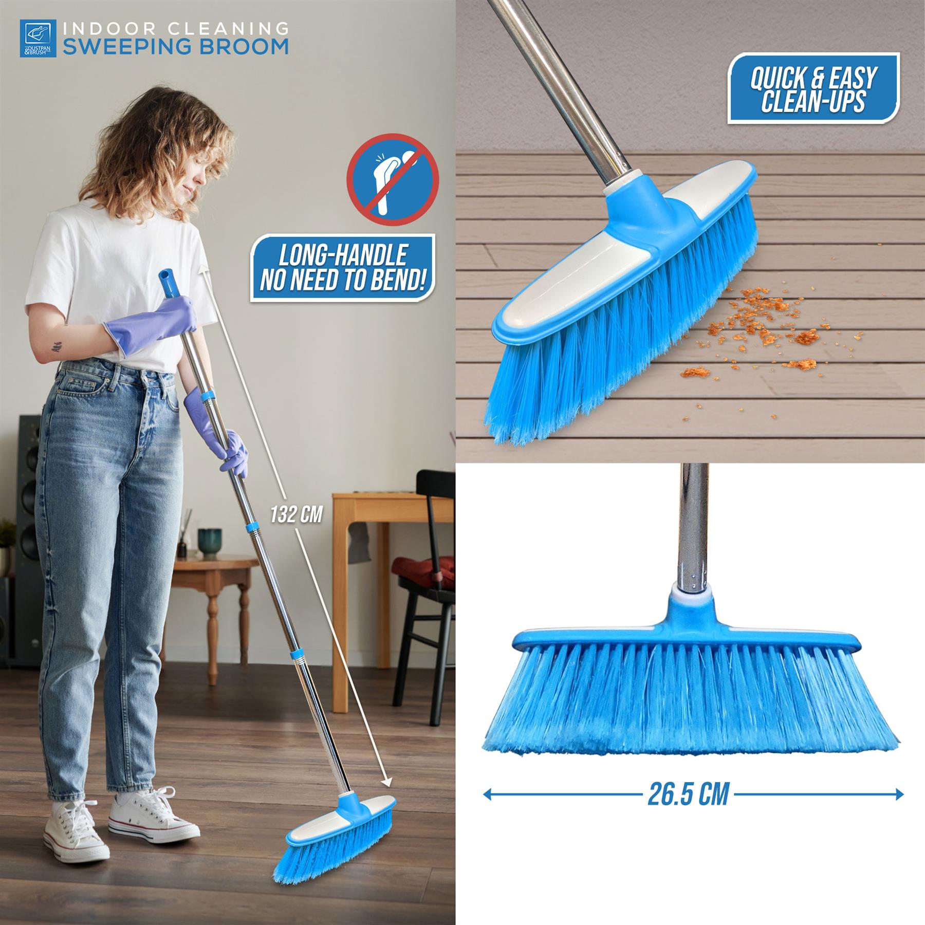 Blue & White Indoor Broom with 4 Piece Stainless Steel Handle