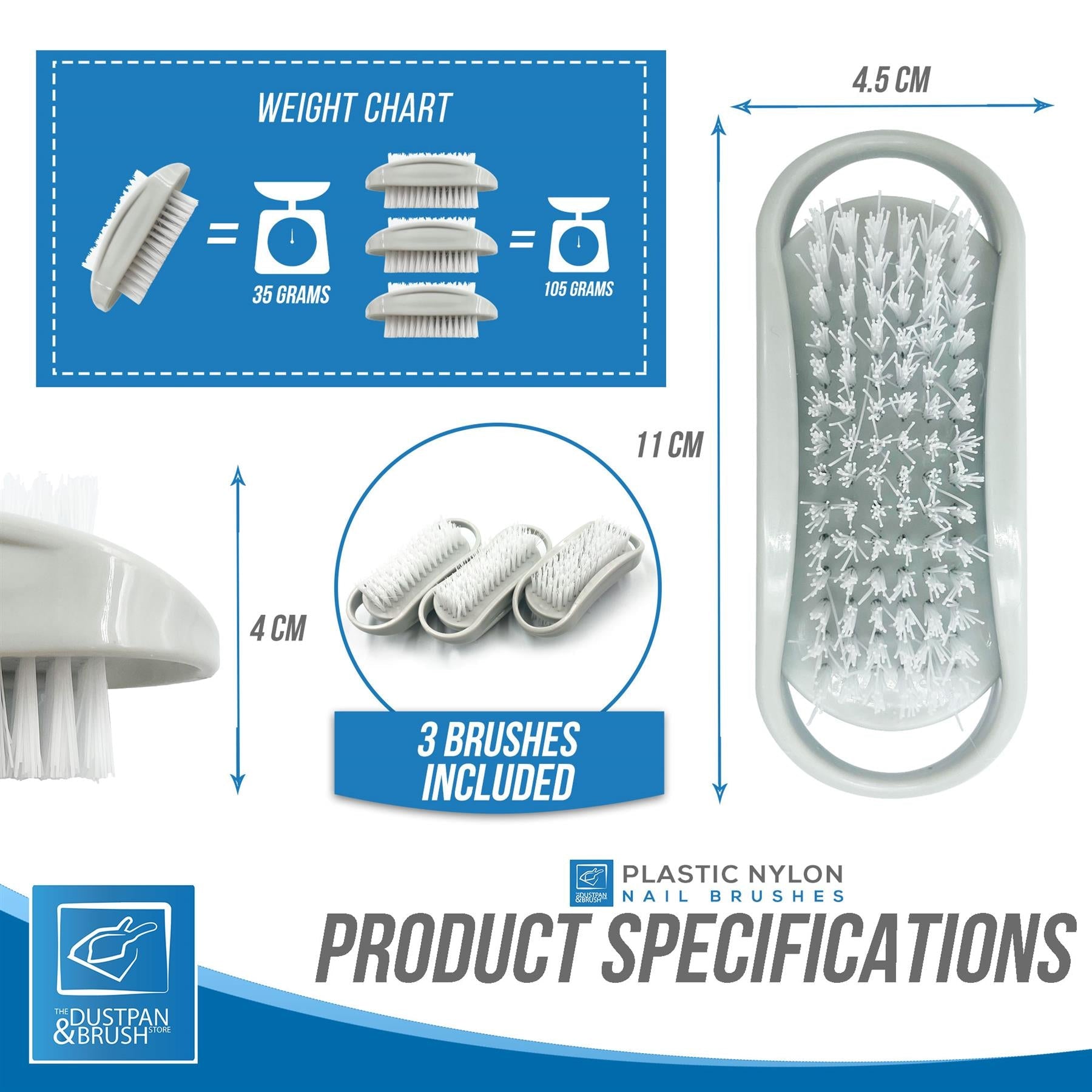 Silver Nail Brushes Pack of 3 | Plastic Hand Cleaning Brushes