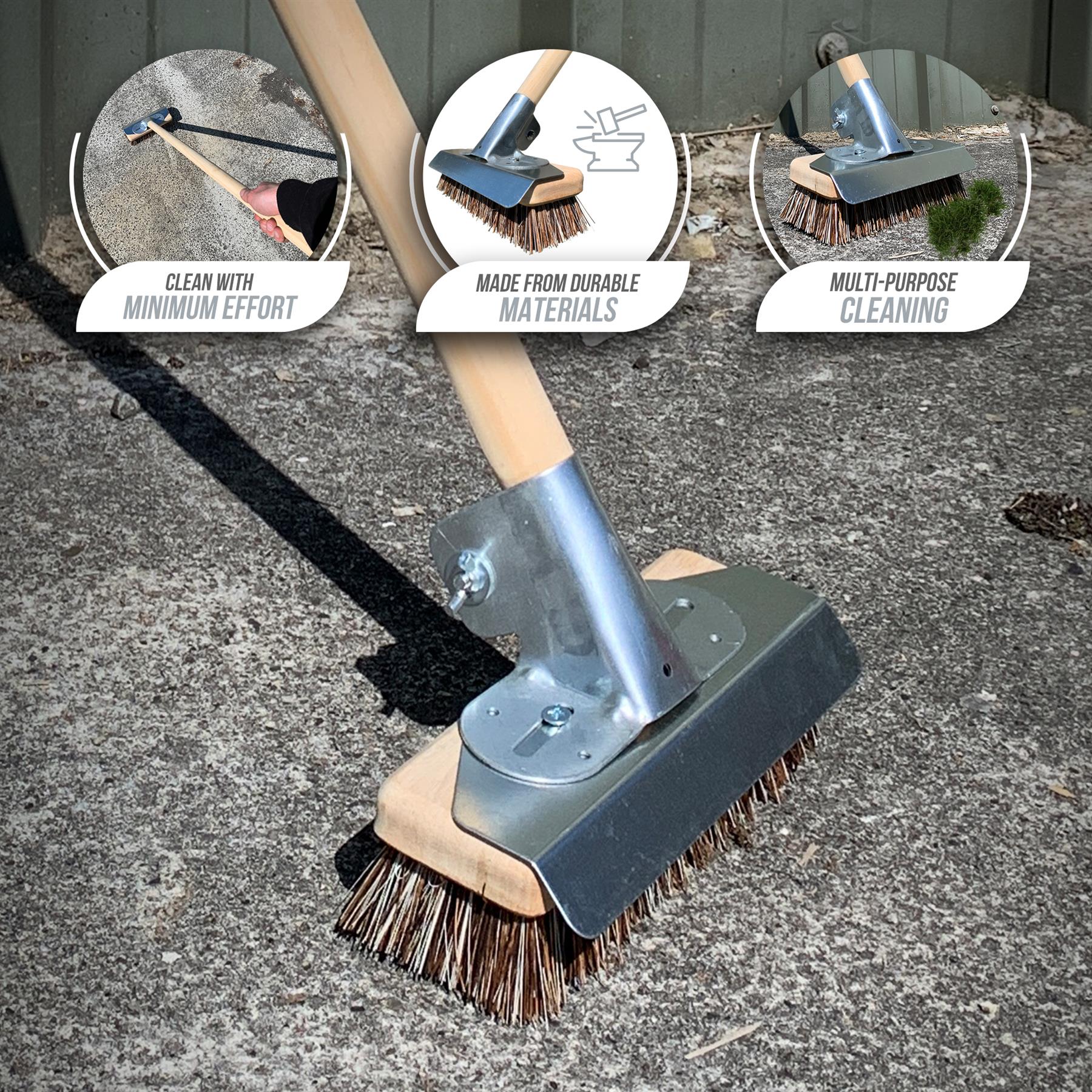 Heavy Duty Deck Scrub with Metal Scraper & Wooden Handle